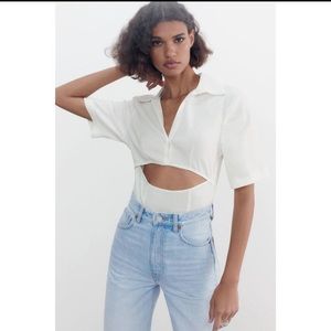 Zara linen blend bodysuit button up white perfect condition with cutout